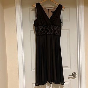 Cocktail dress size 14 sheer black over tan, with lace.